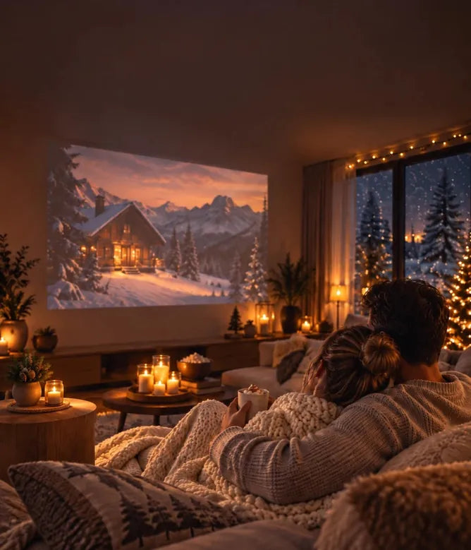 Twee mensen onder een deken kijken in een vakantiehuis naar beeld op de muur