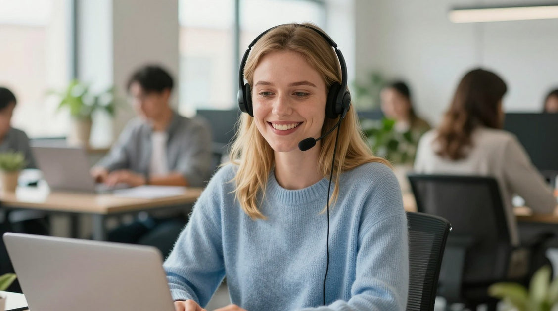 Vrouw met headset lacht aan haar bureau, met collega's op de achtergrond