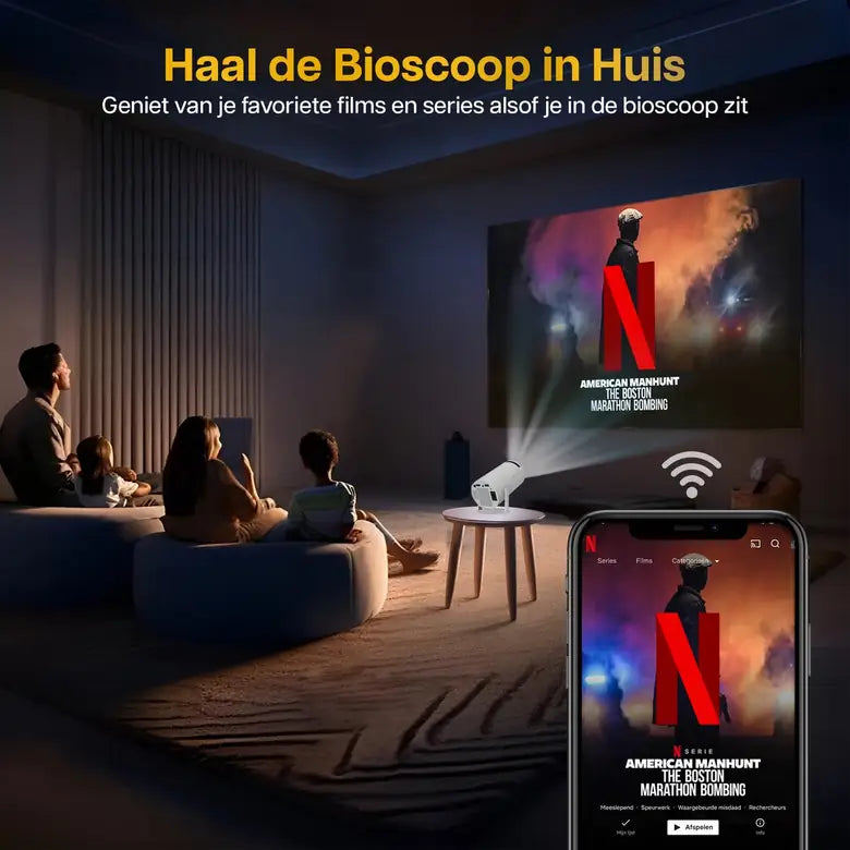 Gezin kijkt 's avonds een film op de muur, met de Lumenix ONE op een bijzettafel