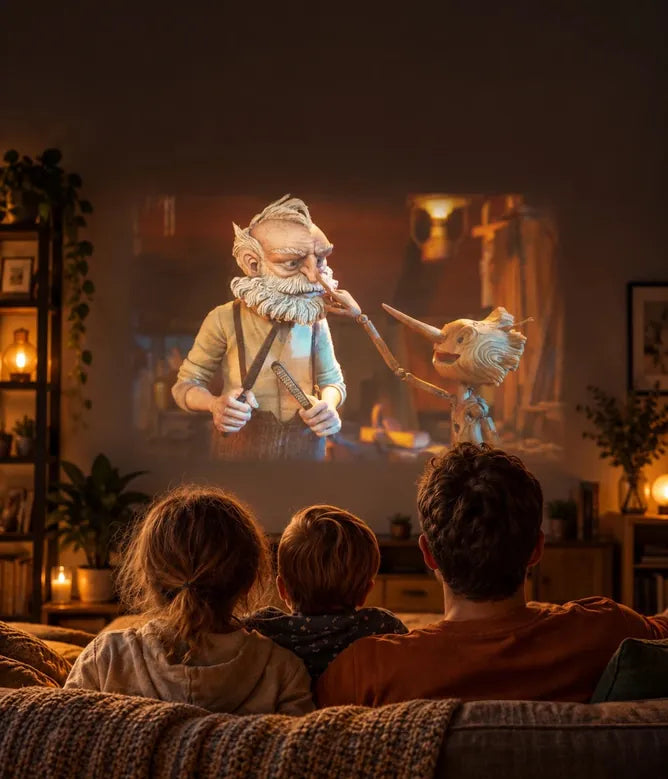 Gezin op de bank kijkt samen een tekenfilm op de muur